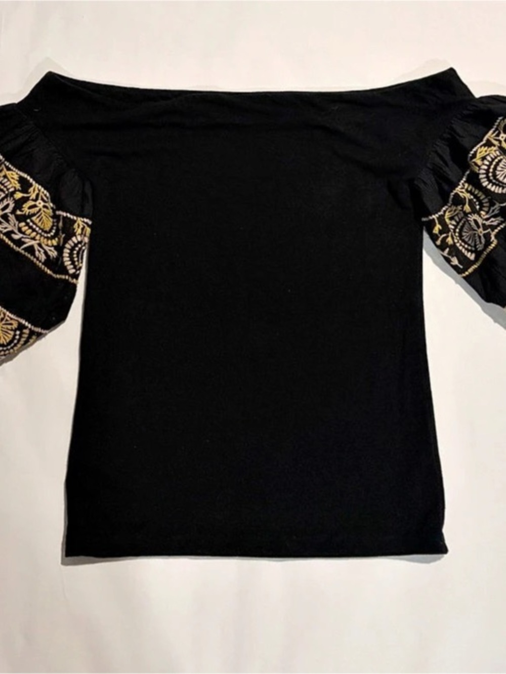 Free People Black & Yellow Puff Sleeve Top Size Small